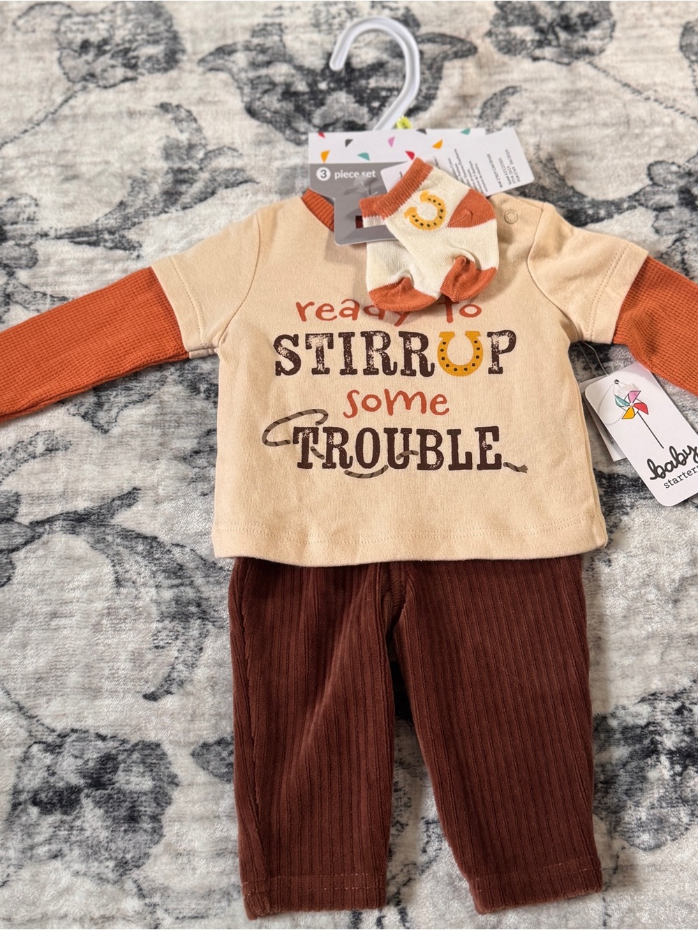 Baby 3-Piece Outfit "Ready to Stir Up Some Trouble" - Cream & Rust